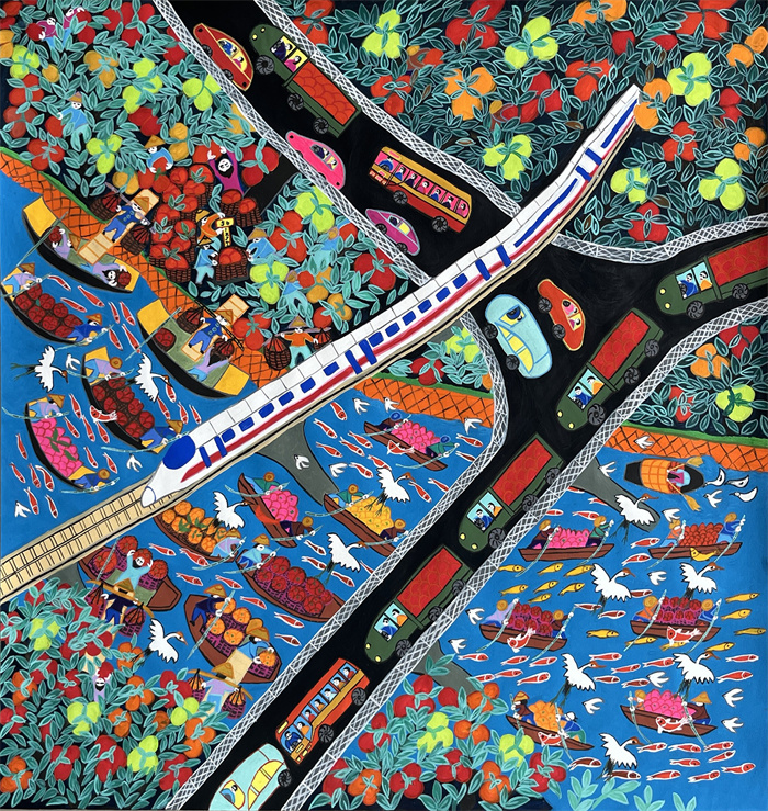 《繁忙的大运河》农民画  王春香 江苏博里 75cmX75.5cm-